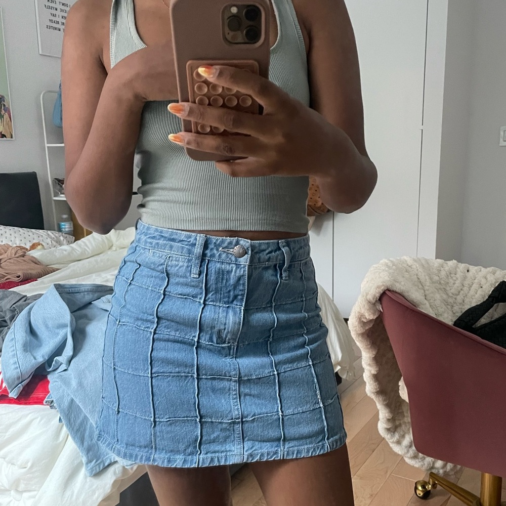 Checkered denim mini skirt